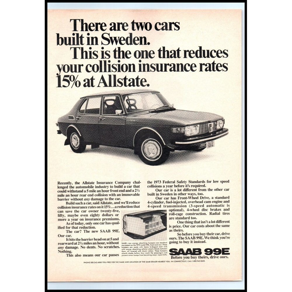 1972 Saab 99E Sedan Vintage Print Ad Sweden Swedish Classic Car Wall Art 60s